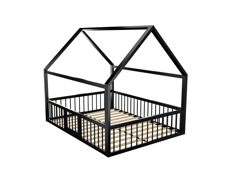  Lit double 140x200 cm avec moulures décoratives, lit enfant avec balustrade, structure en métal, lit 2 personnes en noir  - Conforama B