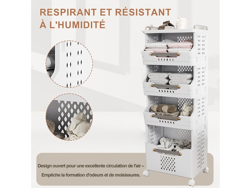  Desserte de rangement 4 niveaux 40,9x30x110 cm à roulettes coloris crème gris  - Conforama D