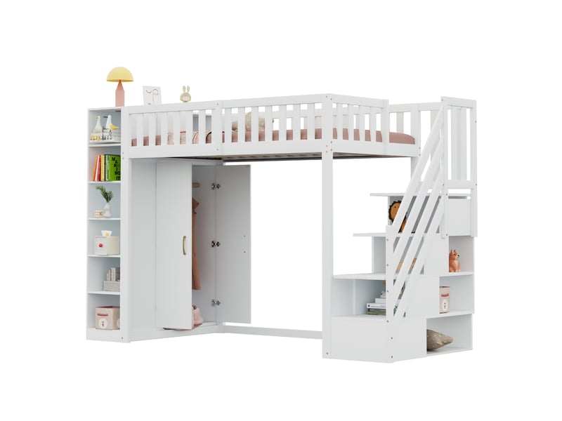  Modenvie lit mezzanine 90x200 cm - avec armoire, etageres et escalier de rangement - pour chambre d'enfant - blanc  - Conforama A
