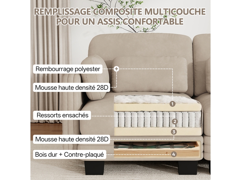 Canapé d’angle modulaire modenvie 4 places en chenille café clair avec 1 pouf et coussins mobiles 330 x 143 x 88 cm - Conforama E