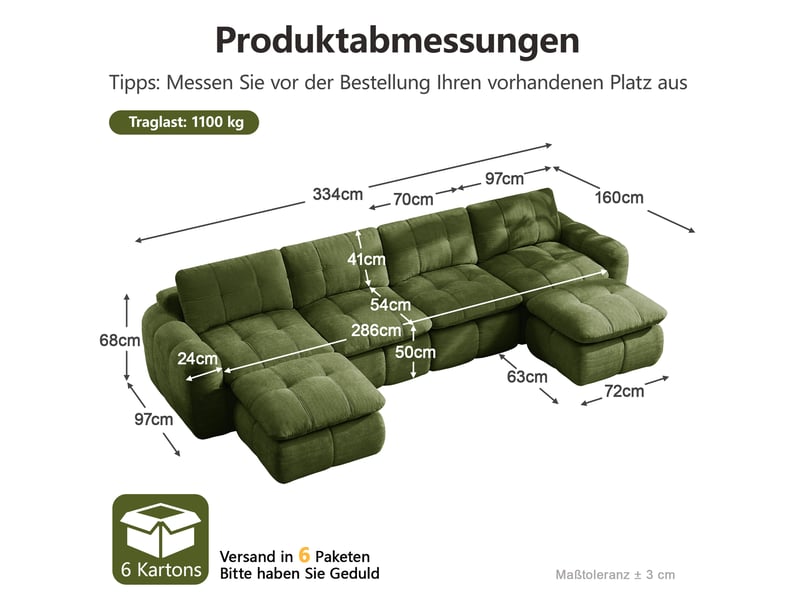  Canapé modulable 4 places modenvie en u avec 2 poufs, revêtement en chenille vert, 334 x 160 x 68 cm  - Conforama C