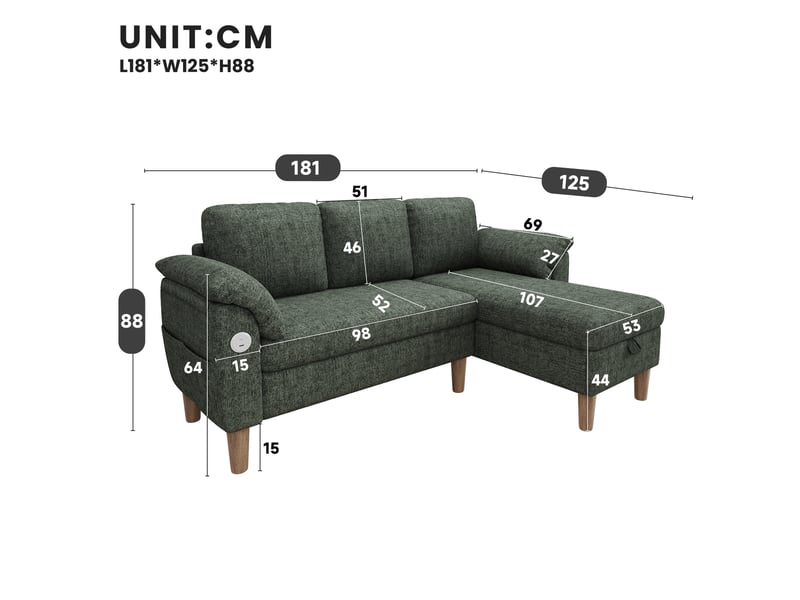  Canapé d'angle réversible 3 places avec méridienne coffre, ports usb et usb-c, poches latérales en chenille vert  - Conforama C