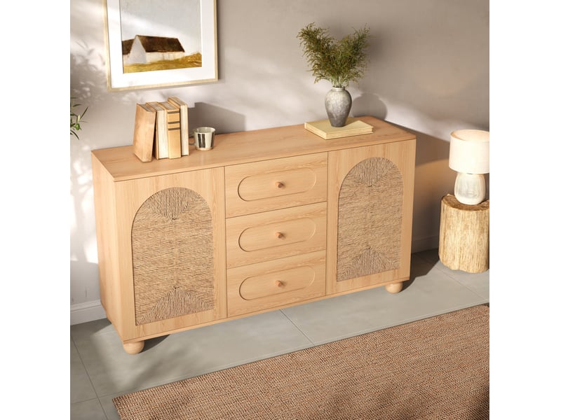  Buffet modenvie 140 x 40 x 80 cm 2 portes et 3 tiroirs mdf panneaux de particules naturel  - Conforama E