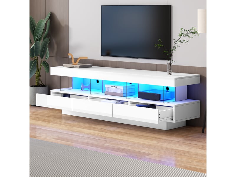 Meuble tv blanc laqué 160 cm avec éclairage led - 3 étagères en verre - pour écran 70 pouces - Conforama R
