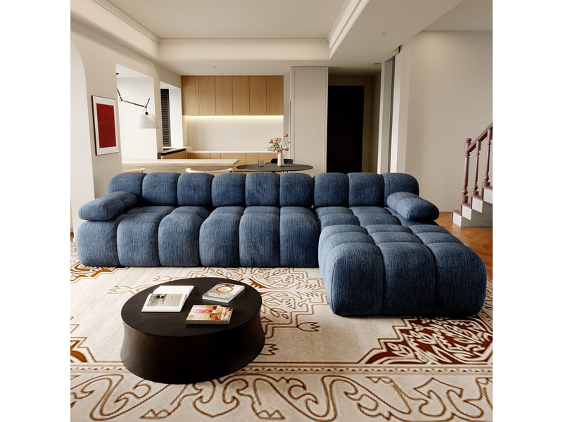  Canapé d'angle 4 places 300x200x68 cm en tissu chenille bleu  - Conforama B