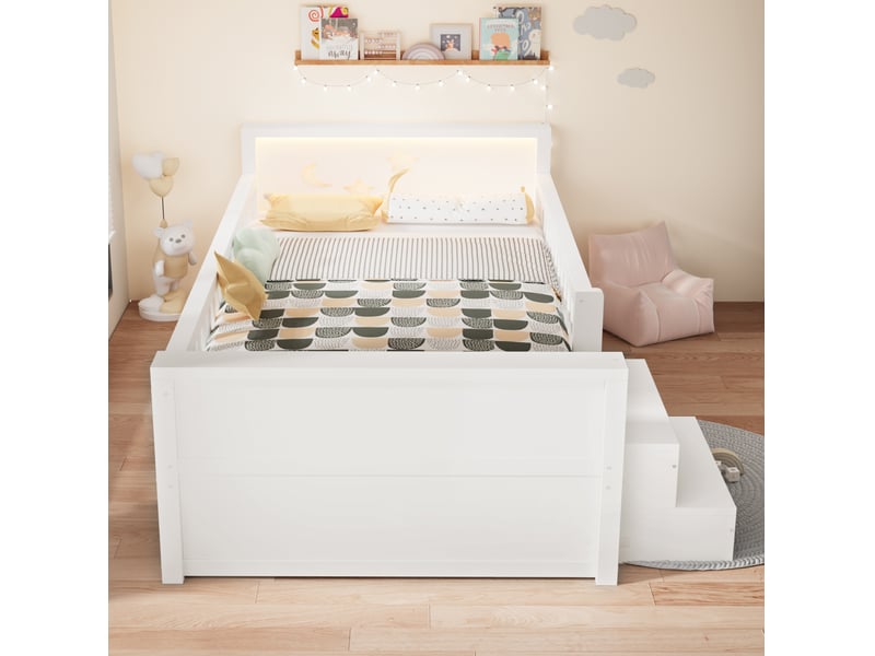  Lit enfant 90x200 cm avec led, tiroirs et barrières coloris blanc  - Conforama E