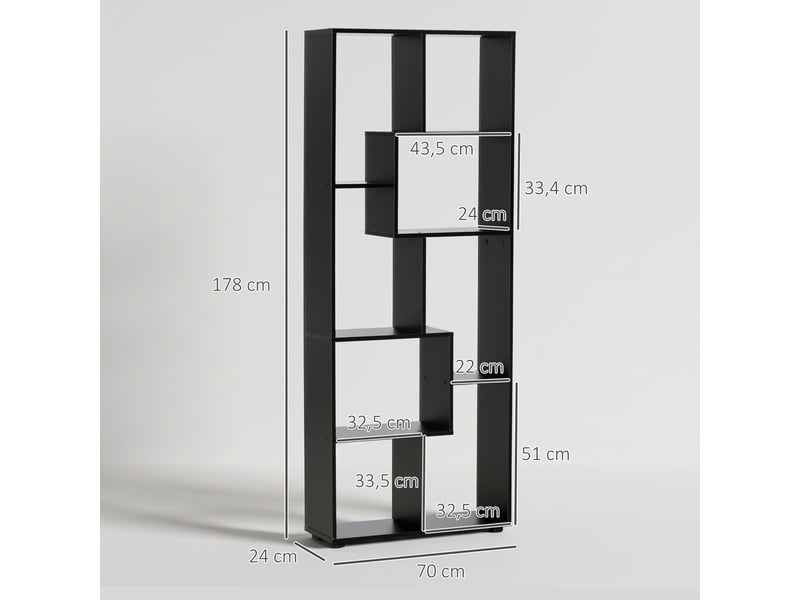  Bibliothèque étroite moderne à 8 étagères, idéale pour le salon, la chambre ou le bureau, 70 x 24 x 178 cm, noire.  - Conforama E