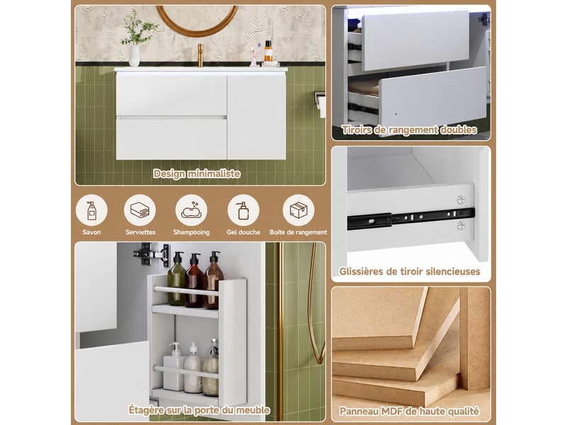 Meuble vasque suspendu blanc 91,5 cm avec 2 tiroirs, vasque en céramique et éclairage led - Conforama E