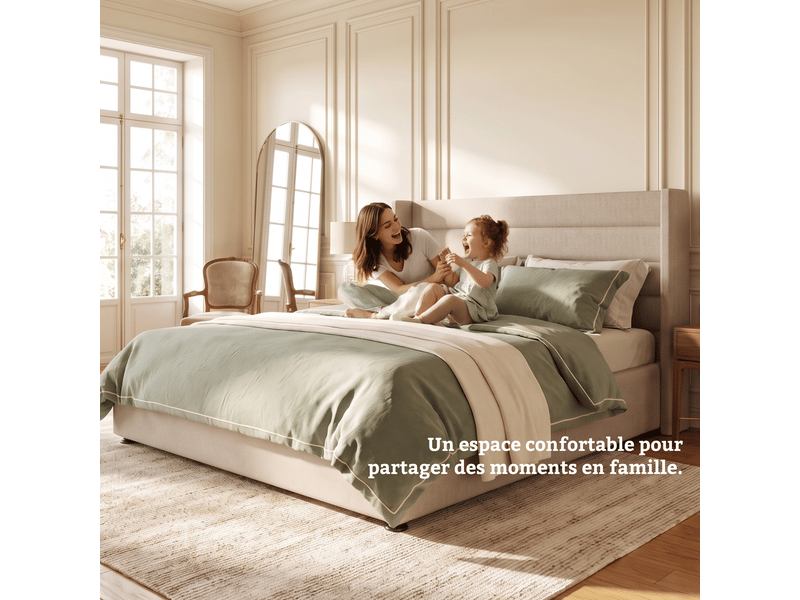  Lit coffre 160x200 cm avec rangement, lit double rembourré en lin - cadre de lit hydraulique - capacité de charge 350 kg, lin beige  - Conforama E