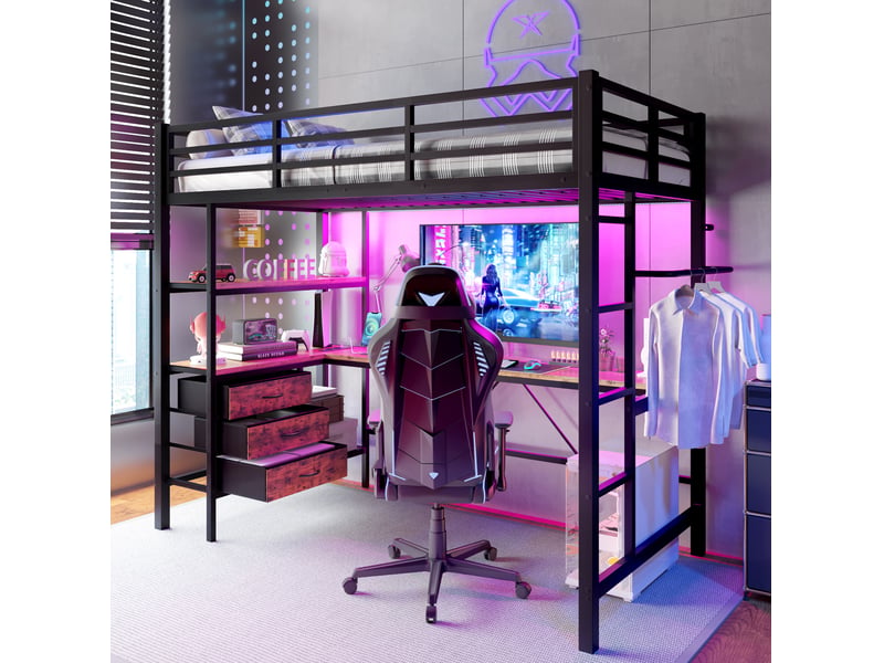  Lit mezzanine 90x200 cm avec éclairage d’ambiance et bureau en métal et mdf noir  - Conforama C