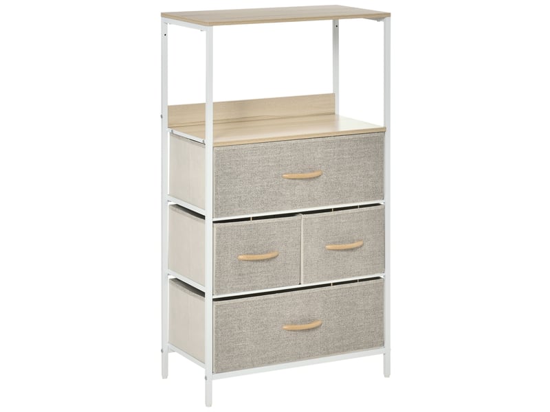  Commode en tissu à 4 tiroirs, compartiment ouvert et structure métallique, idéale pour une chambre ou une entrée, grise.  - Conforama A