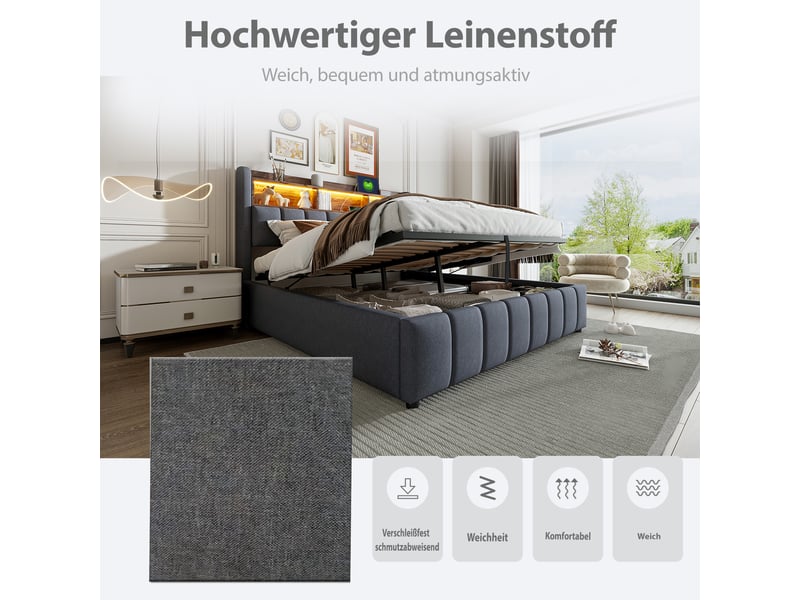  Lit capitonné 180x200 cm gris en lin, led, prise usb, tête avec rangements et coffre hydraulique et cadre métal stable  - Conforama E