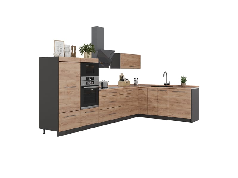  Vicco cuisine en angle, chêne de force doréanthracite, 347 x 207 cm, pt marbre  - Conforama D