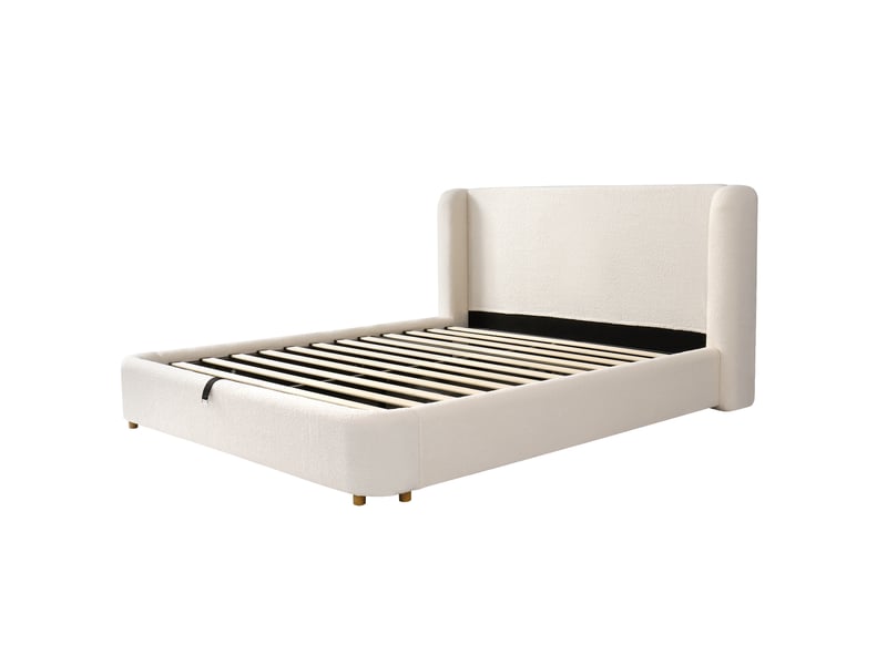  Lit coffre 180x200 cm, lit double, sommier à lattes, rangement hydraulique, tête de lit rembourrée, tissu bouclé beige  - Conforama B