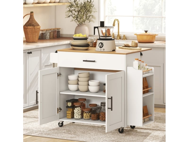  Desserte de cuisine sur roulettes avec plateau rabattable, 2 portes 1 tiroirs, 120x68x85 cm blanche  - Conforama B