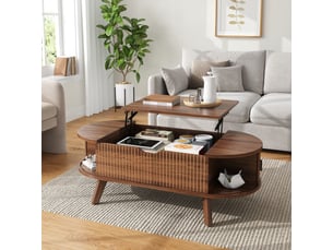 Table basse ovale relevable, plateau réglable en hauteur, grand rangement caché, 2 portes coulissantes, effet bois rainuré