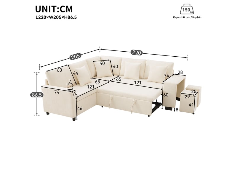  Canapé d'angle convertible 220x205 cm – beige – méridienne réversible, rangements, usb et usb-c intégrés  - Conforama C
