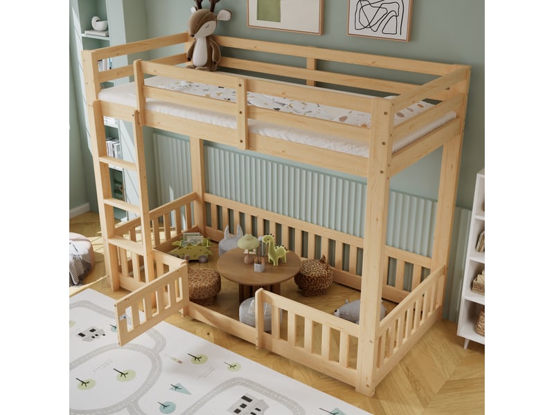  Lit mezzanine enfant 200×90 cm avec espace libre sous le couchage, garde-corps et échelle, en pin naturel  - Conforama C