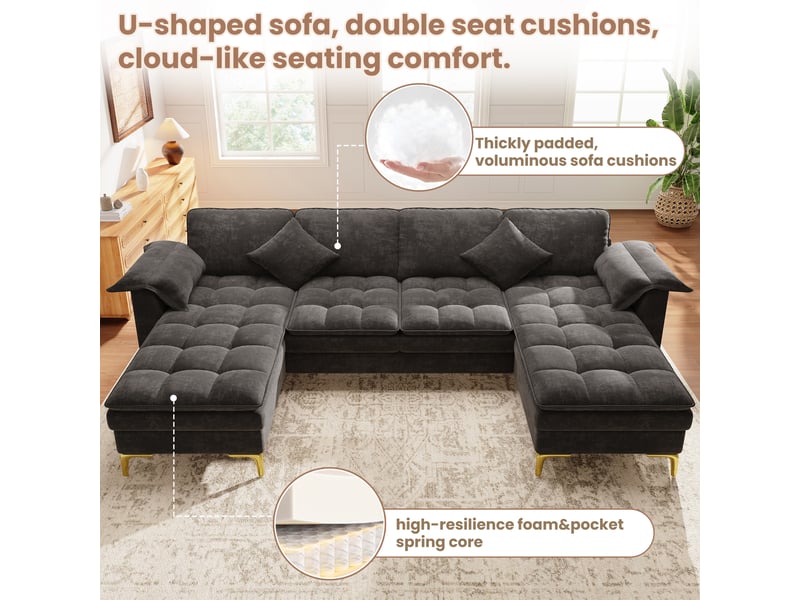  Canapé d’angle en u 4 places gris, chenille, 2 méridiennes, double rembourrage, 2 coussins, pieds métal dorés  - Conforama D