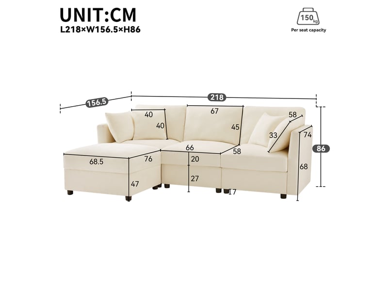 Canapé d'angle en l avec repose-pieds convertible en 3 places, avec 4 coussins et accoudoirs réglables, en tissu chenille confortable, adapté au salon, bureau et appartement, beige. Avec vidéo. - Conforama E
