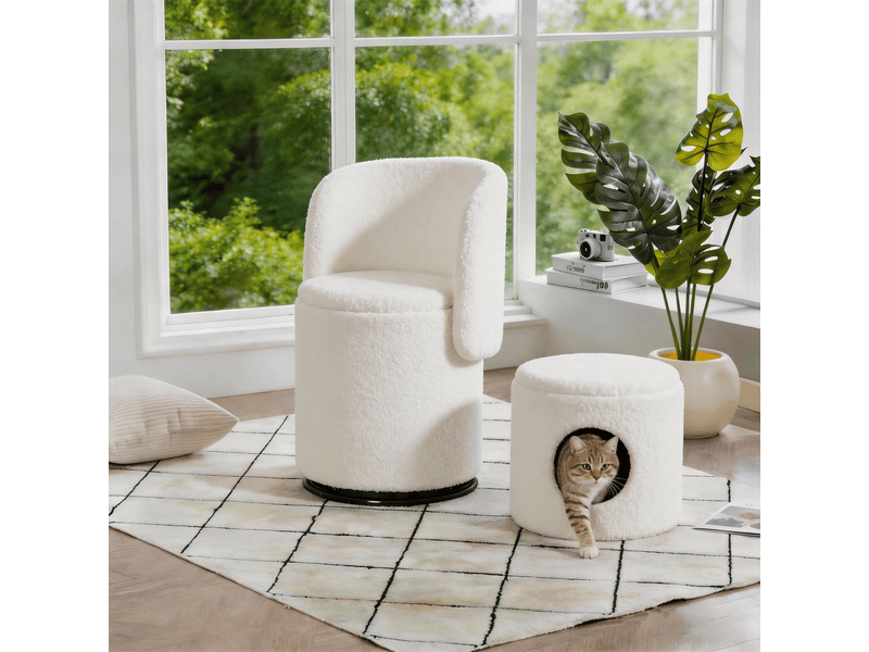 Fauteuil pivotant 360° avec rangement intégré et pouf , assise rembourrée en tissu teddy blanc, 53×50×47 cm - Conforama B