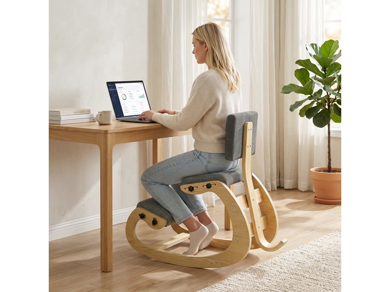  Fauteuil à bascule ergonomique à genoux avec dossier, en lin gris  - Conforama D