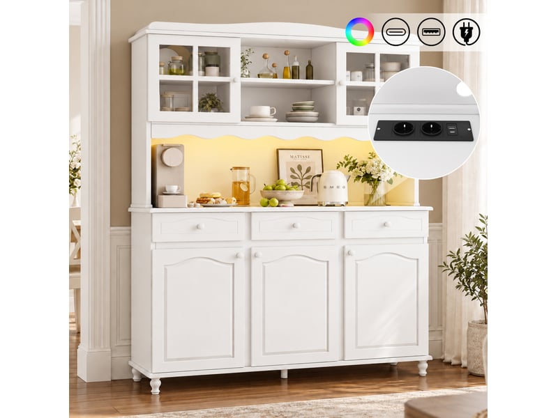 Buffet de cuisine modenvie 135 x 40 x 185 cm avec rangements, prises, usb et led colorée blanc - Conforama E