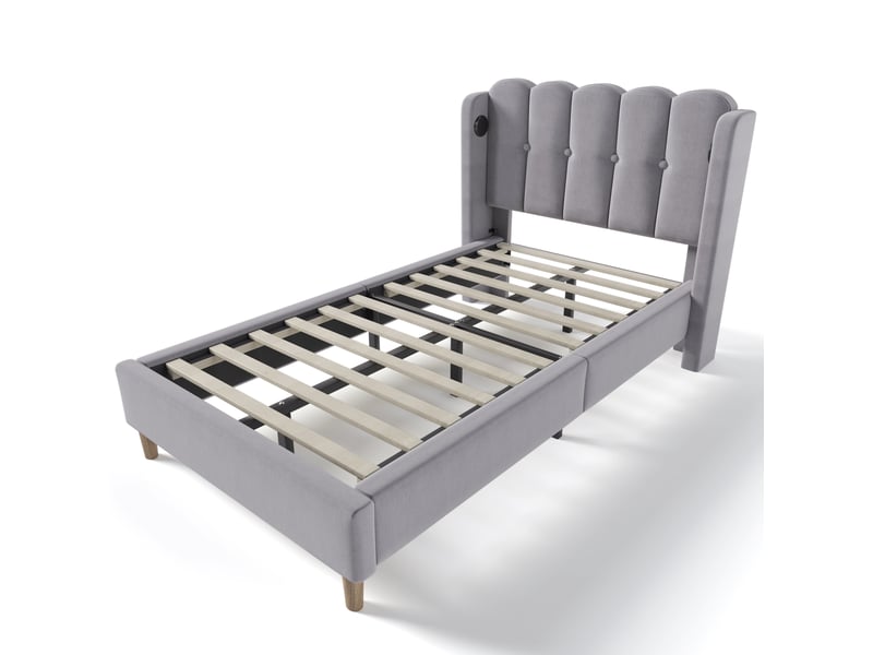  Lit simple rembourré 90x200 cm - tête de lit contemporaine - charge usb type-c - gris - lin CYQ-AB20653940G - Conforama W