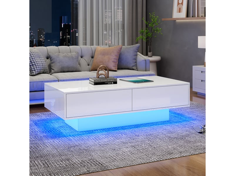  Table basse rectangulaire avec 2 tiroirs et led, laquée brillante, pour salon, aggloméré, blanc, 115 × 55 × 34 cm  - Conforama B