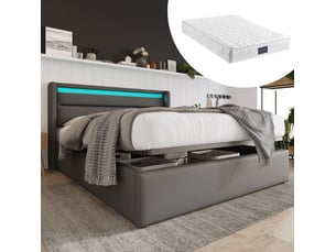Lit coffre 2 places 140x200 cm gris pu led, rangement relevable