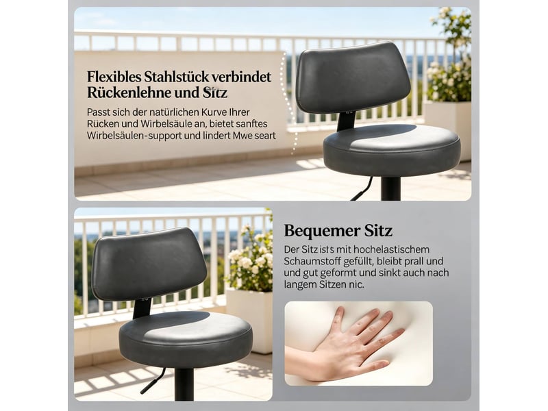  Tabouret de bar pivotant réglable en hauteur avec dossier et repose-pieds en cuir synthétique anthracite  - Conforama E