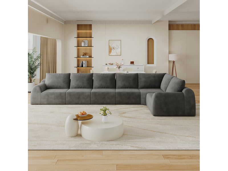  Canapé d'angle panoramique fixe 6 places en velours côtelé gris foncé, grand format pour votre salon  - Conforama B