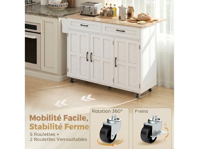  Îlot de cuisine avec plateau rabattable, chariot à roulettes 2 tiroirs, 3 portes, blanc, porte-racks et porte-serviettes  - Conforama W