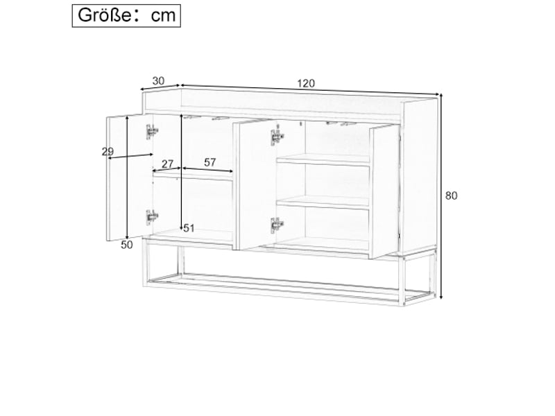 Buffet 120x30x80 cm, meuble de cuisine avec 4 portes sans poignées et étagère réglable, design minimaliste, aggloméré, noir - Conforama C