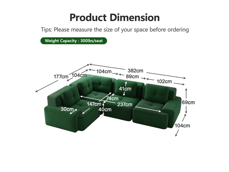 Canapé d'angle modulaire sans montage avec assise basse et base antidérapante en velours côtelé vert - Conforama E