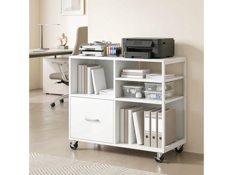  Meuble pour imprimante à roulettes, table d'imprimante avec étagères ouvertes et tiroir à documents, format a4, blanc  - Conforama C