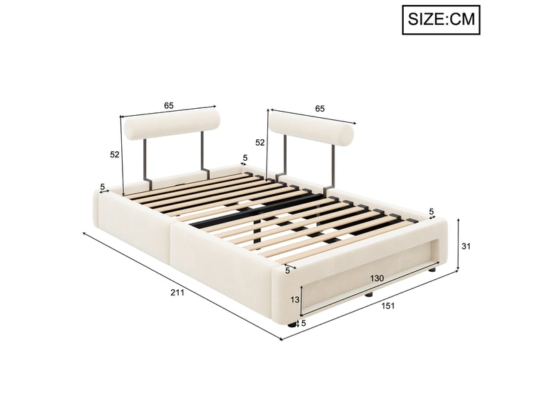  Lit capitonné 140x200 cm avec 2 dossiers réglables 4 positions, éclairage led, velours, beige  - Conforama E