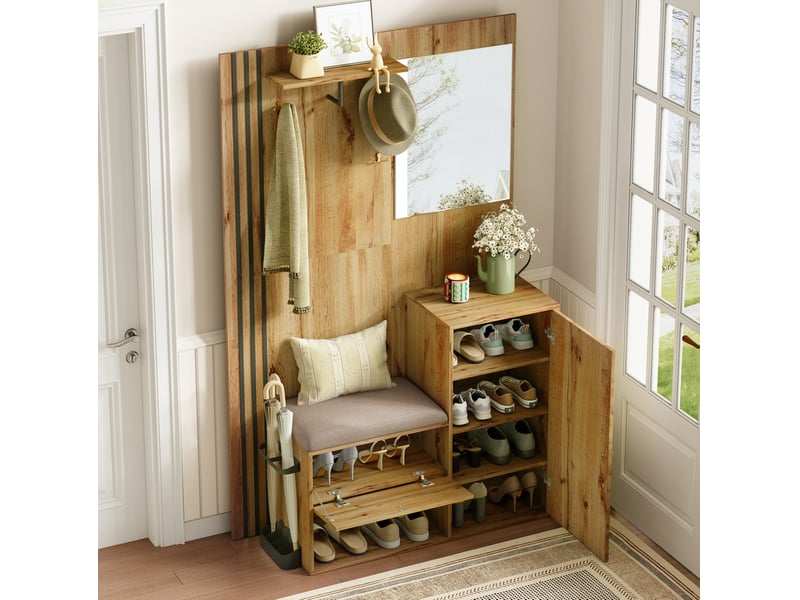  Meuble d’entrée 185 cm, meuble mural de salon, étagère, armoire, meuble à chaussures, miroir, mdf, couleur bois clair  - Conforama B