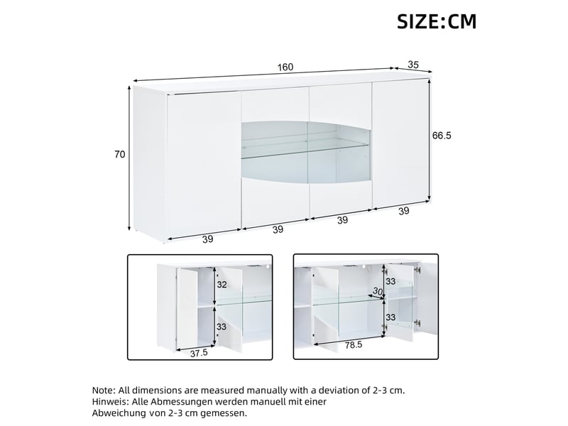  Buffet bas 160x35x70 cm blanc brillant avec led rgb et 4 portes  - Conforama C