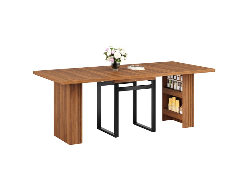  Table à manger extensible, rangement intégré, pieds métal, marron foncé  - Conforama D
