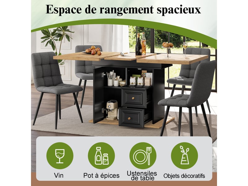  Table à manger extensible 110–140 x 80 x 75 cm, avec 2 tiroirs et 1 porte, plateau en bois pour 6 personnes, naturel  - Conforama D