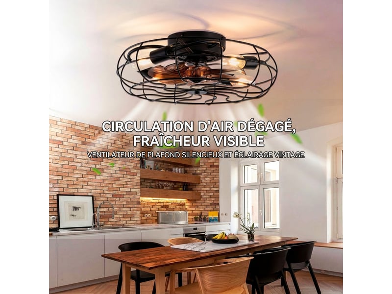  Ventilateur de plafond avec lumière noir style industriel, moteur réversible 6 vitesses silencieux avec télécommande pour petite pièce  - Conforama B
