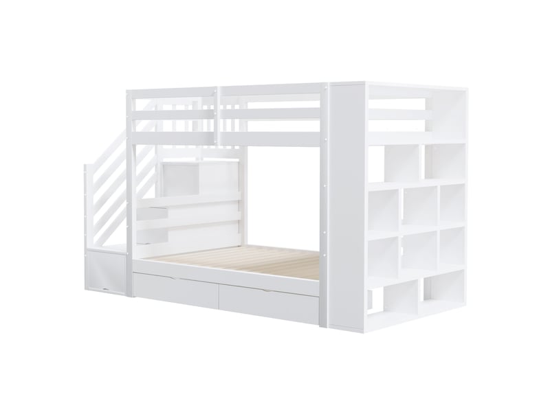  Lit superposé enfant 200×90 cm avec escalier de rangement, 2 tiroirs et garde-corps hauts, sommier à lattes, blanc  - Conforama E