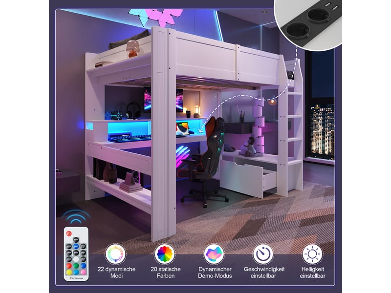 Lit mezzanine 140x200 cm avec bureau, rangements led et garde-corps, lit enfant avec sommier à lattes en pin blanc  - Conforama C