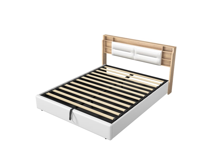  Lit double coffre - 160 x 200 cm - blanc - similicuir pu, tête de lit de rangement, dossier rembourré et vérins hydrauliques  - Conforama A