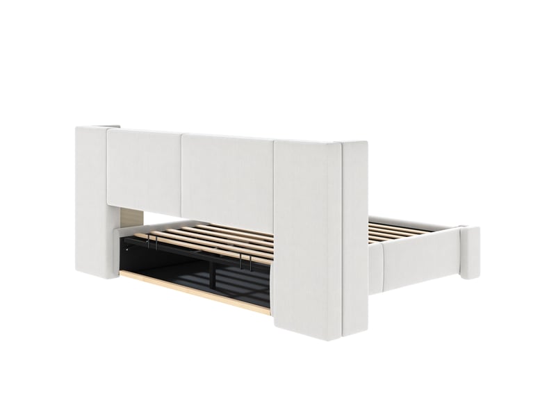  Lit coffre 180x200 cm en lin avec sommier à lattes, led et rangement beige chicfurn  - Conforama E