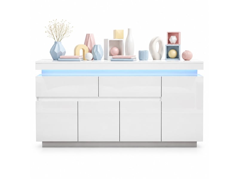 Buffet et enfilade avec 4 portes, 2 tiroirs et led pour salon, finition brillante, 140×35×72,5 cm, blanche - Conforama A