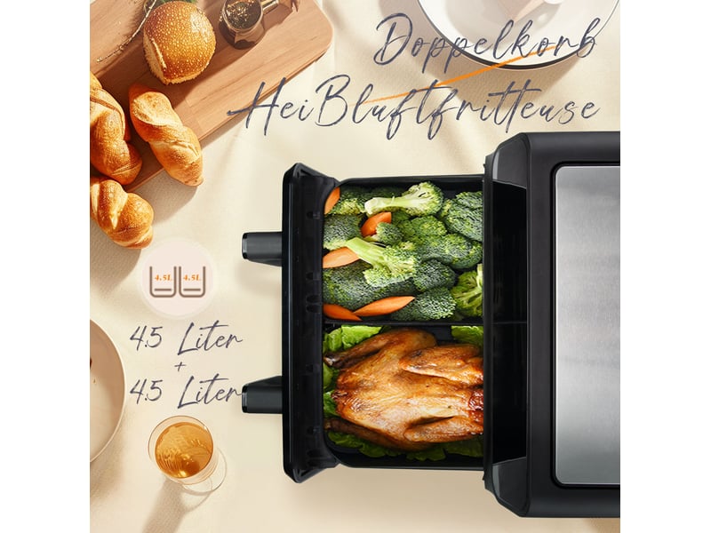  Friteuse à air double chambre 9 l – noir – 2200 w, 2 paniers indépendants, écran led et fenêtre de contrôle  - Conforama D