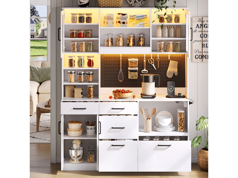  Buffet de cuisine haut blanc avec prise et éclairage led, 145x40x185 cm  - Conforama B