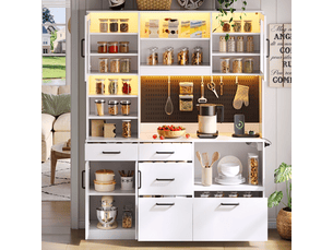 Buffet de cuisine haut blanc avec prise et éclairage led, 145x40x185 cm